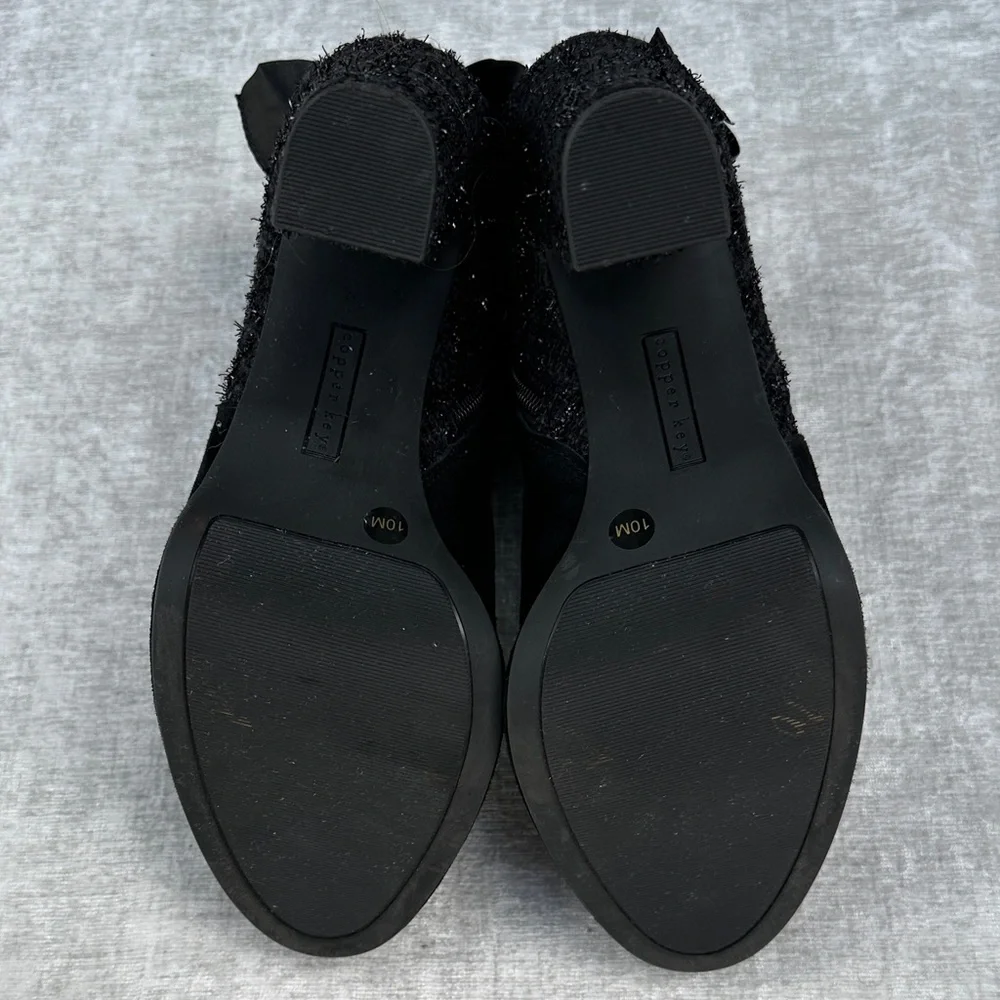 Copper Key Black Ankle Boots with Bow & Glitter Pattern Heel Accent